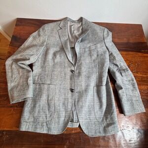 Nordstrom Rack Mens 42R Trim Fit Grey Plaid Linen Cotton Blazer Sport Coat